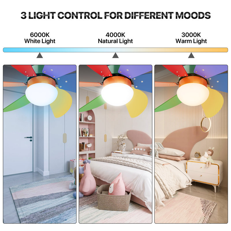 31" Ceiling Fan with Light and Remote Control, Colorful Ceiling Fan with Reversible Blades, 6 Speeds, Golden, Golden/Red/Blue