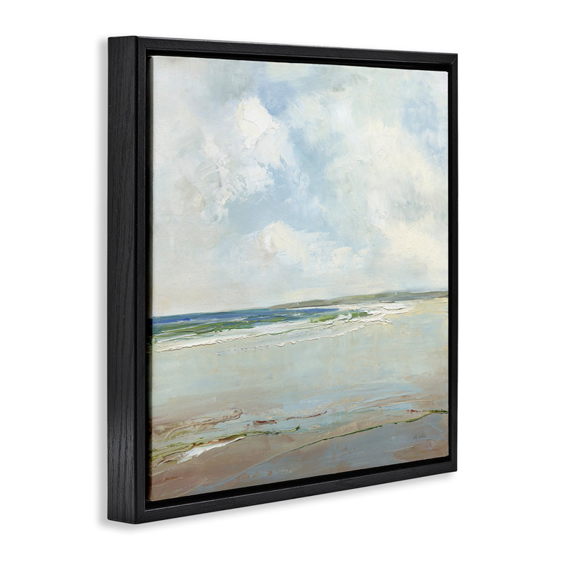 Plage éloignée avec nuages, Cadre flottant noir de jais, H 18 po x l 18 po