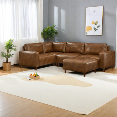 Modern Modular Sectionals, Brown PU Leather 4 Seat 5 Piece, Contemporary Home
