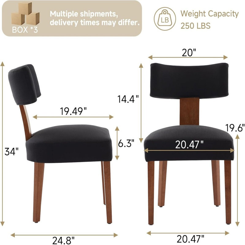 Ensemble de 6 chaises de salle à manger sans accoudoirs modernes, revêtement en lin noir avec dossier incurvé et pieds en bois massif