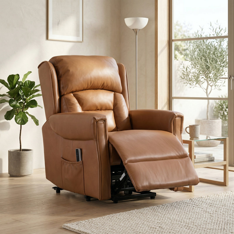 Lelani Ansley Genuine Leather Lift Assist Recliner, Tan