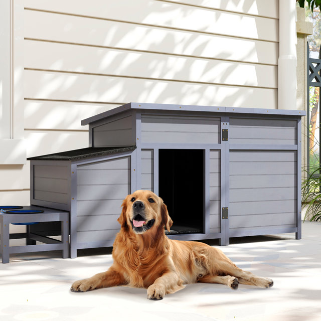 Golden retriever in a gray doghouse on a lawn.