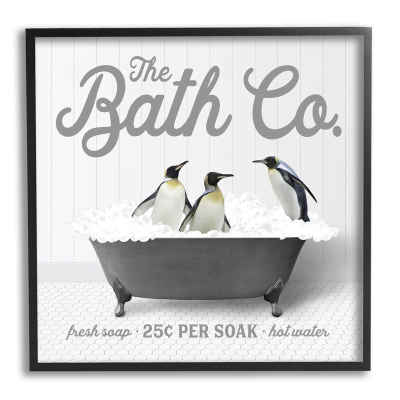 Pingouins de bain Trinx, art giclée encadrée par lettré et doublé, H 12 po x l 12 po x P 1,5 po