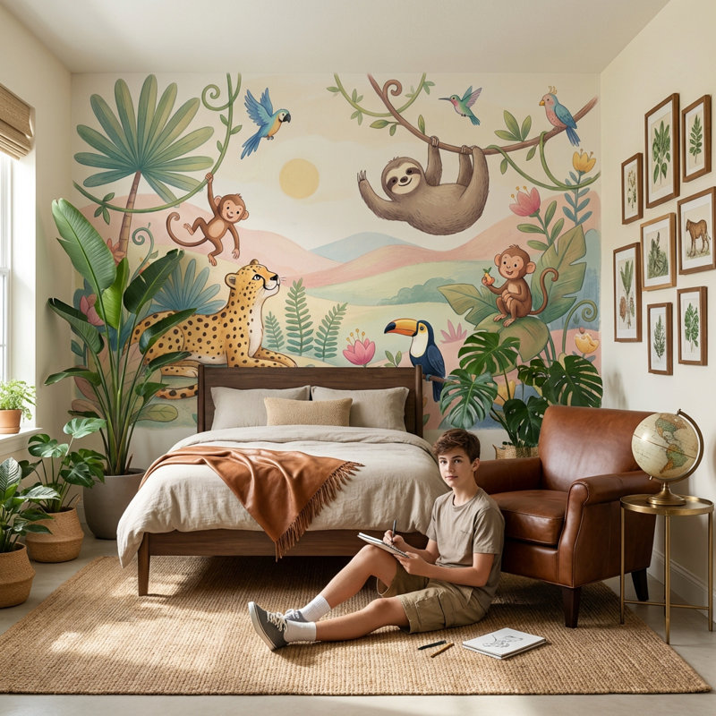 Papier peint jungle animaux tropicaux, 120" x 96", Non tissé non collé