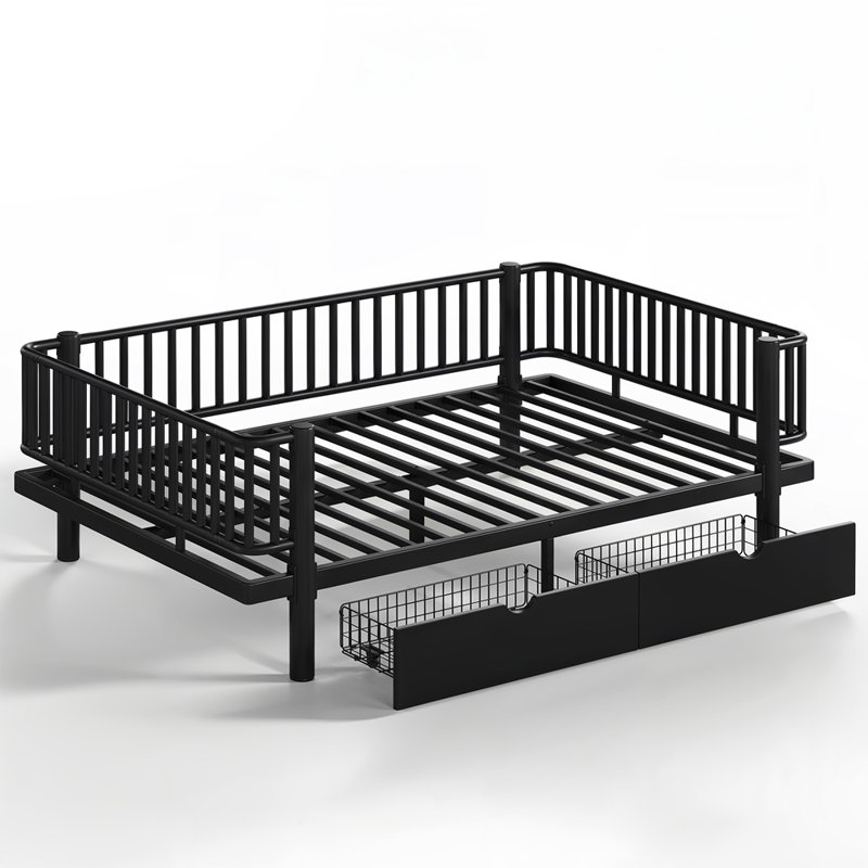 Lit plateforme double avec tiroirs de rangement, Noir, Double