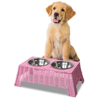 Serenity 6.9" Small/Medium Elevated Wicker Pet Feeder with 18oz (2.2 Cups) 2-Stainless Steel Bowls, Pink