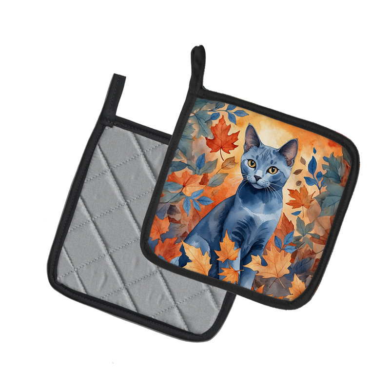 Paire de supports à casseroles russes pour chat bleu en feuilles d'automne