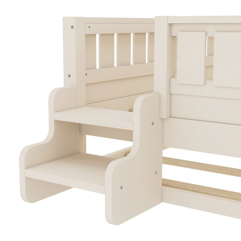 Simple avec bibliothèque intégrée et petit escalier, rails de sécurité de haute qualité et lit gigogne, beige, Beige