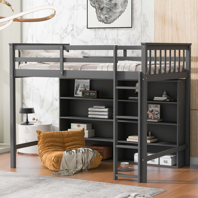 Twin Size Loft Bed with 8 Open Storage Shelves, Built-in Ladder, and Comprehensive Guardrails, Antique Grey