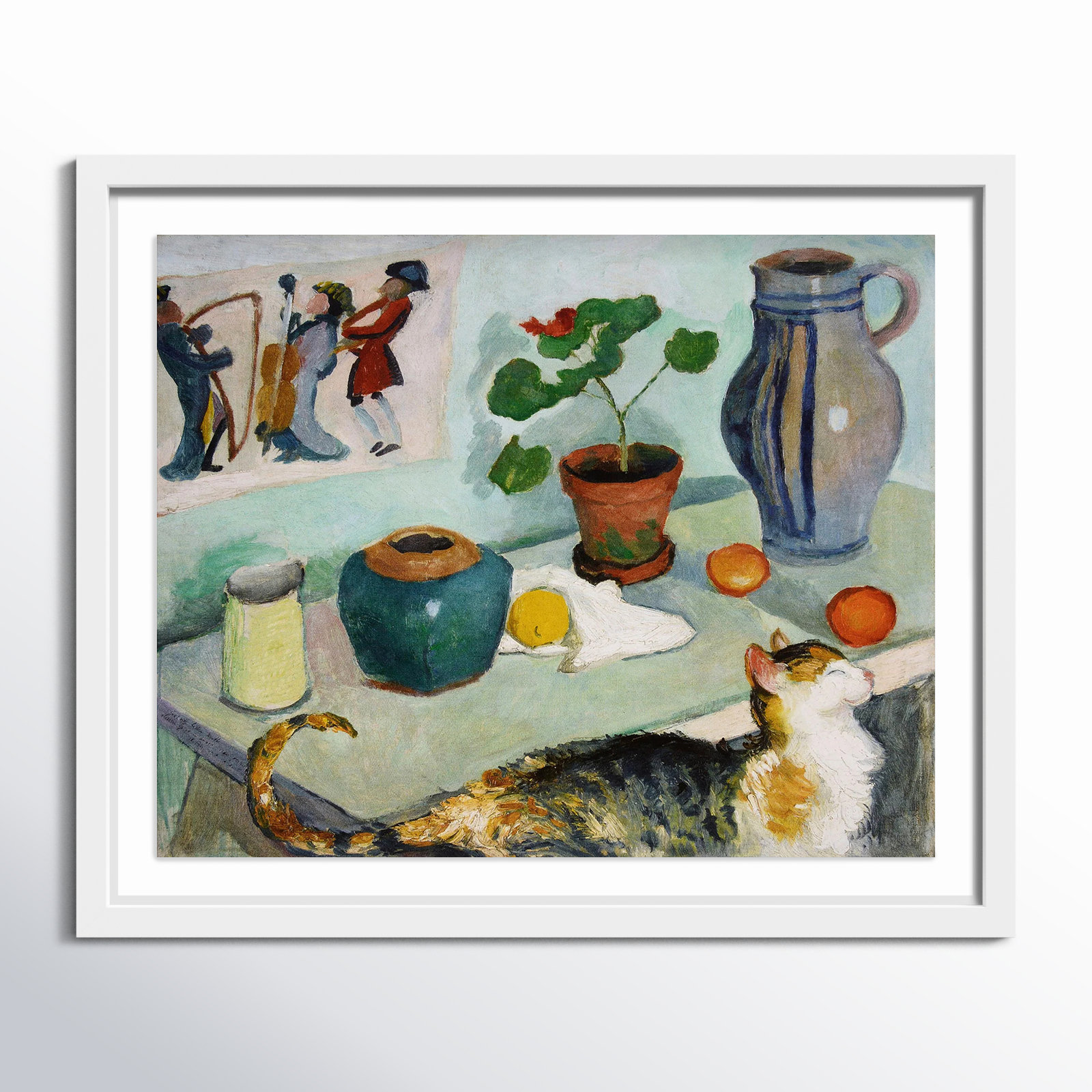 August Mackes Still Life With A Cat Art, White Framed, 17" H x 21" W x 0.5" D