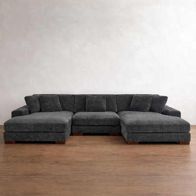 125" Oversized 3-Seat Corduroy Sectional Sofa, Double Chaise Lounge Couch with Adjustable Lumbar Support & Toss Pillows, Tool-Free Assembly Upholstered Sofa for Living Room