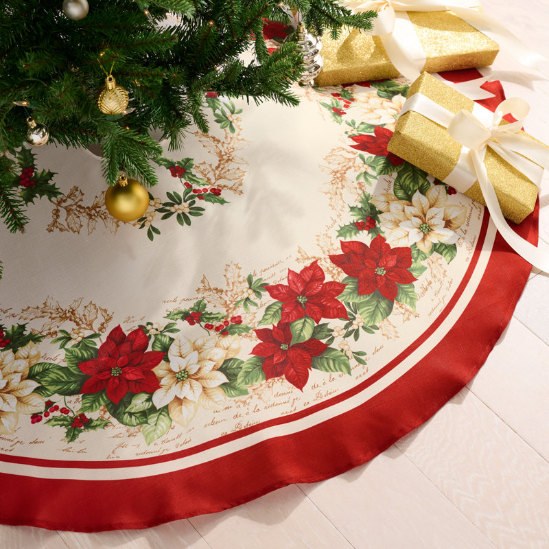Red and White Poinsettias Polyester Christmas Tree Skirt