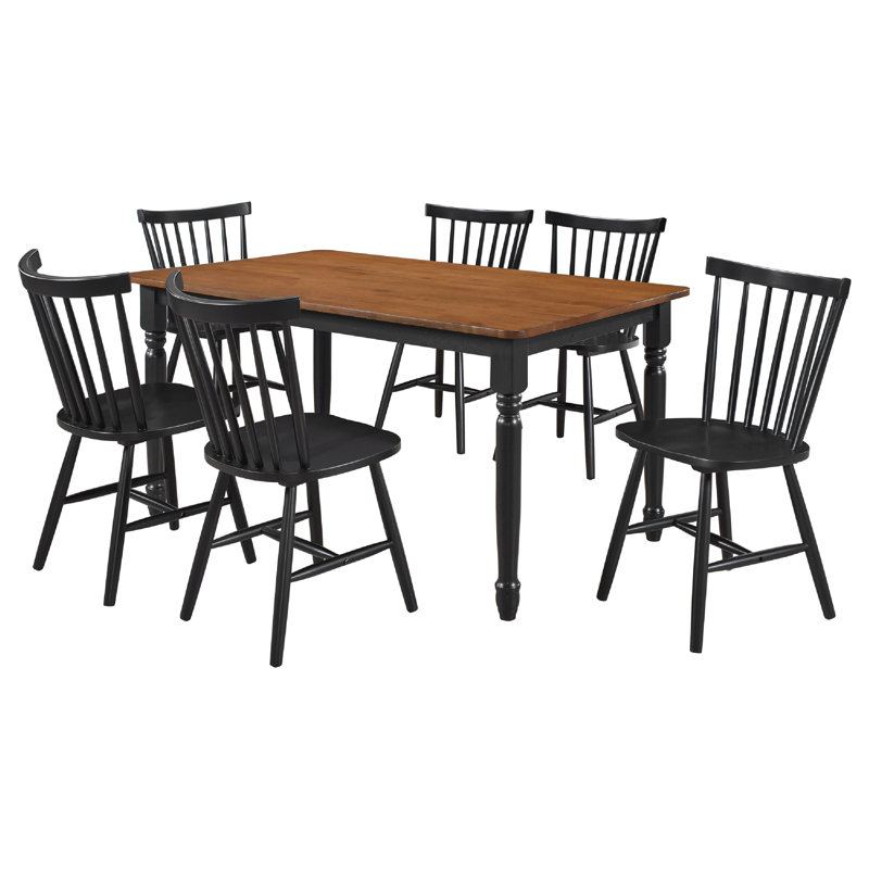 Ensemble de table de salle à manger Halie, bois brun noyer, chaises à dossier fuselé, 7 pièces : table, 6 chaises