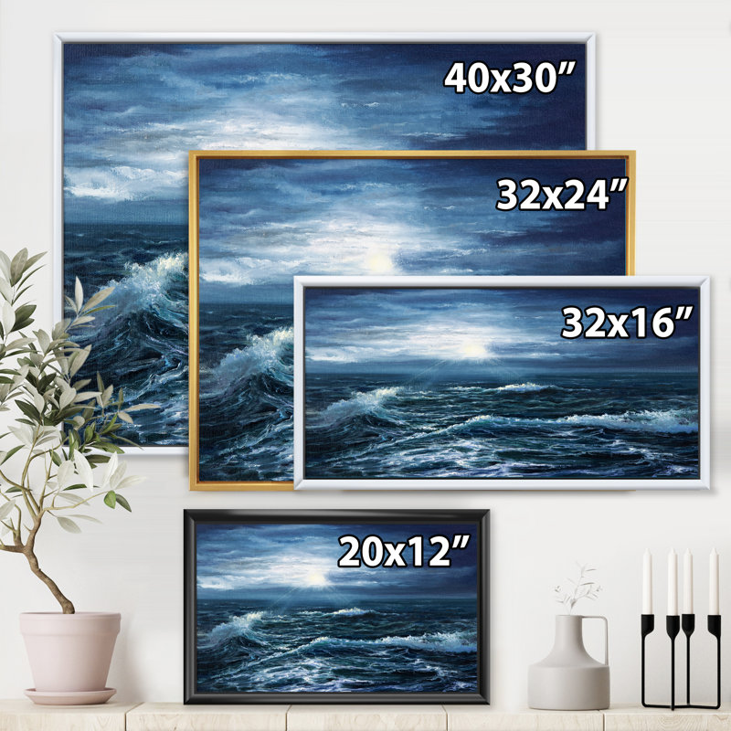 Soleil à travers les vagues de l'océan - Peinture sur toile, H 30 po x l 40 po x 1,5 po, Cadre flottant blanc