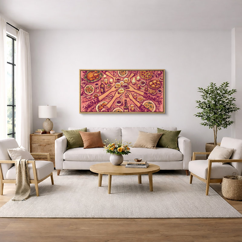 «Dinner Gathering», impression sur toile, impression sur toile encadrée, Cadre naturel, H 30 po x l 60 po x P 1,5 po