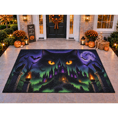Tapis d'extérieur 152 x 213 cm (5 pi x 7 pi) motif de chat gothique d'Halloween, épais, imperméable, en PVC bouclé, résistant et à séchage rapide, idéal pour terrasse, balcon ou entrée.