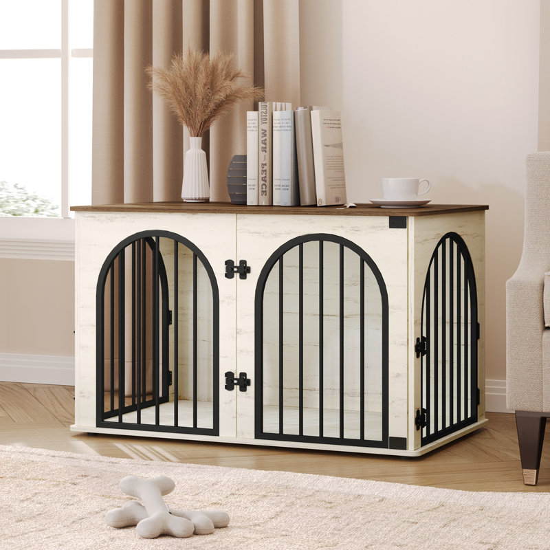 Dog Crate Furniture, 100 cm Wooden Dog Crate, Indoor Kennel for Small/Medium/Large Dogs, End Side Table Animal Crates, Anti-Chew, Anti-Escape, Arched Door Design