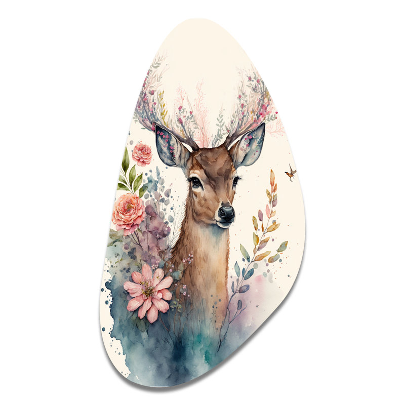 Mignon petit chevreuil avec fleurs roses - art animalier mural en forme d'automne, H 31 po x l 17 po