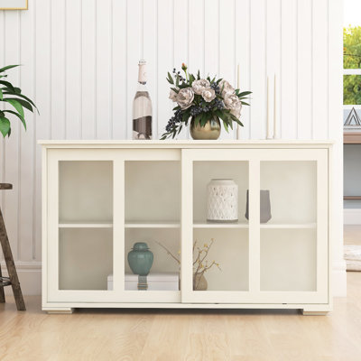 Kitchen Storage Cabinet - White With Glass Door. Constructed From Robust For Stability. 2 Sliding Doors And Adjustable Shelf Versatile Storage. Painted. Non-Slip Feet To Crafted E1 Grade Practical