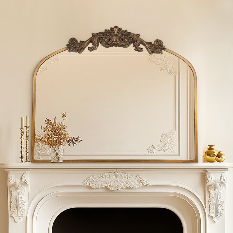 Gold Vintage Wall Mirror, 30 X 36" Antique Baroque Ornate Frame, Arched Decorative Brass Mirror For Bathroom Vanity, Fireplace Mantle, Living Room & Entryway, Victorian Style Home Decor