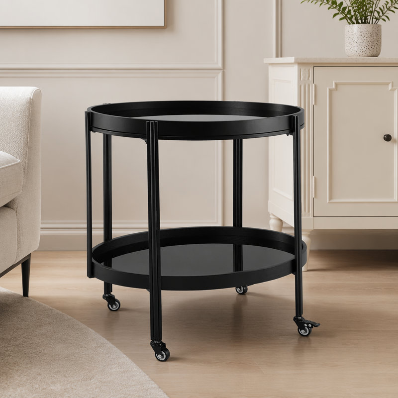 Chariot-bar ovale avec tablettes en verre trempé et structure en fer, Black