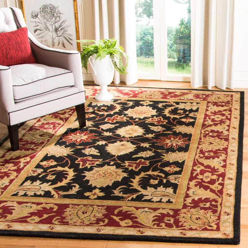 Tapis noir / bourgogne en laine touffeté à la main Bromley, Rectangle 7 pi 6 po x 9 pi 6 po