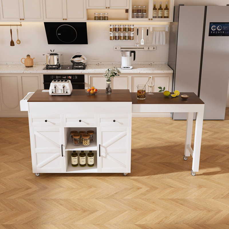 74.8" Kitchen Island With Extendable Dining Table & Power Outlet - Rolling Storage Cart On Wheels With 3 Drawers & 2 Door Cabinet For Dining Room