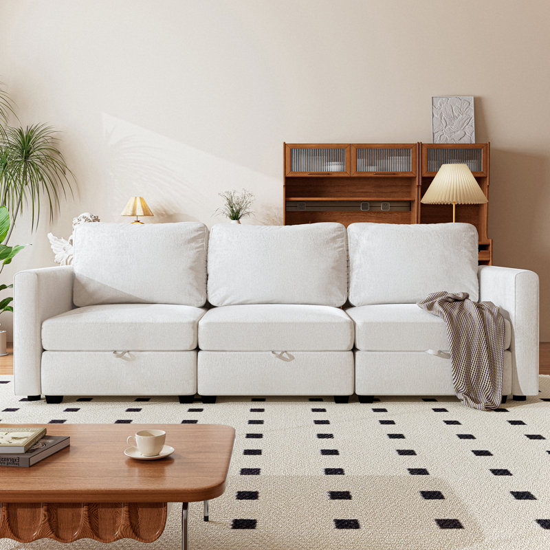 92'' Wide 3-Seat Chenille Modular Sofa Couch For Small Space, Beige