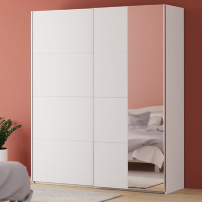 Modern wardrobe with 2 sliding doors, mirror, clothing rail and shelves, engineered wood
