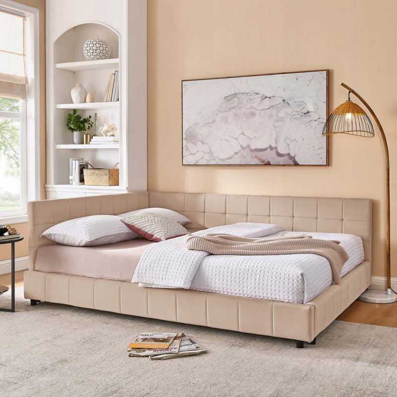 Lit d'angle avec grille, lit de jour moderne peu encombrant, Double, Rose