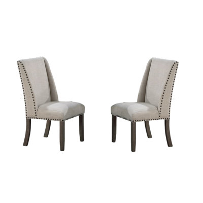 Chaises de salle à manger rembourrées à oreilles 2 pièces, finition chêne, garniture cloutée bronze et siège confortable de 2 pièces, revêtement en tissu, finition