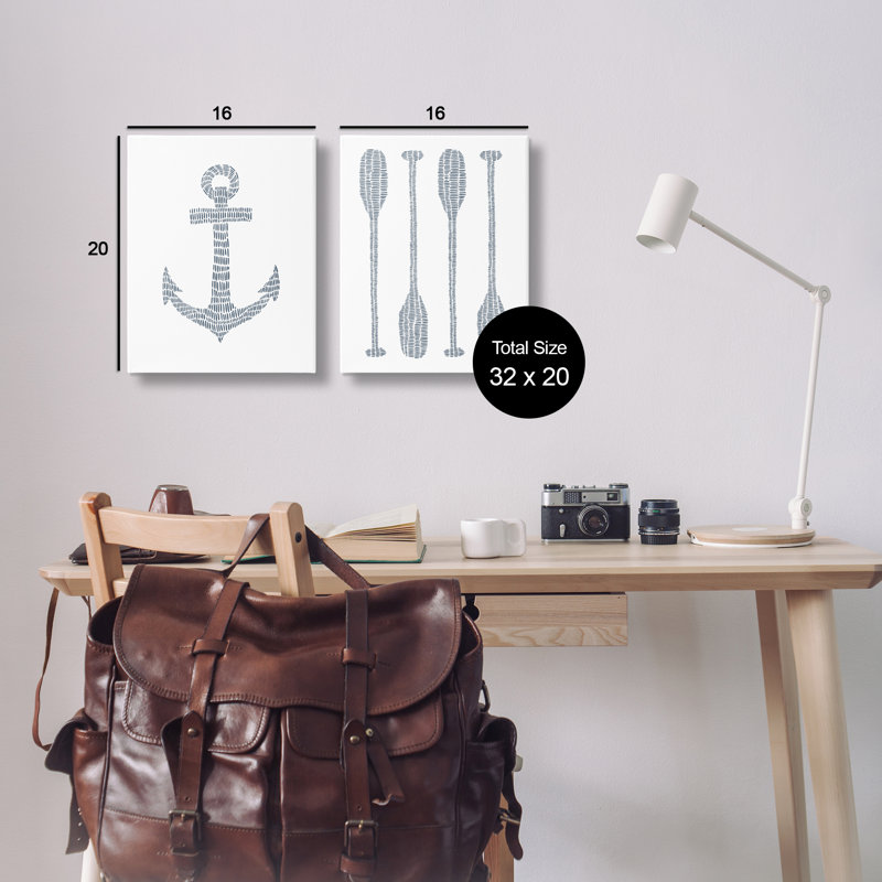Simple Lines Nautical Anchor Oars 2 PC Canvas Wall Art Set by Jetty Home, LLC, 20" H x 16" W
