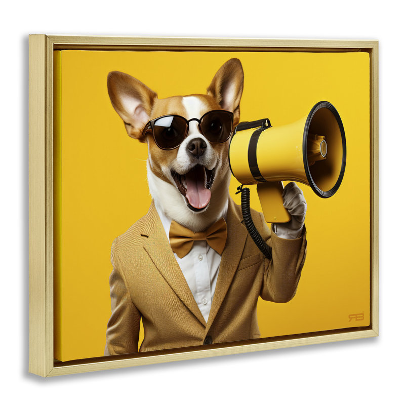 "Chien avec mégaphone jaune", art mural encadré flottant par Roozbeh Bahramali, Cadre flottant métallique doré