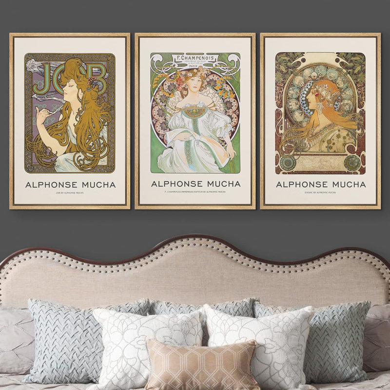 "Art Nouveau Elegant Floral Women", reproduction encadrée sur toile de 3 pièces par Alphonse Mucha, Plastique naturel encadré