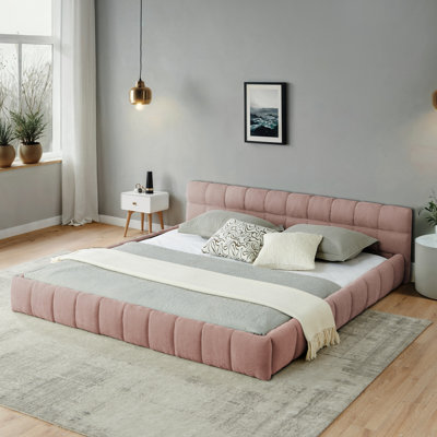 King Bed, Pink Upholstered Platform Bed With Thick Fabric, Headboard, Elegant Bedroom Relax Ambiance Comfort