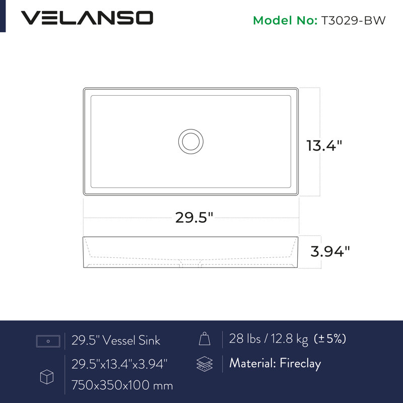 Lavabo de salle de bain vasque en argile réfractaire 29,5 pouces Zeniva T3029-BW