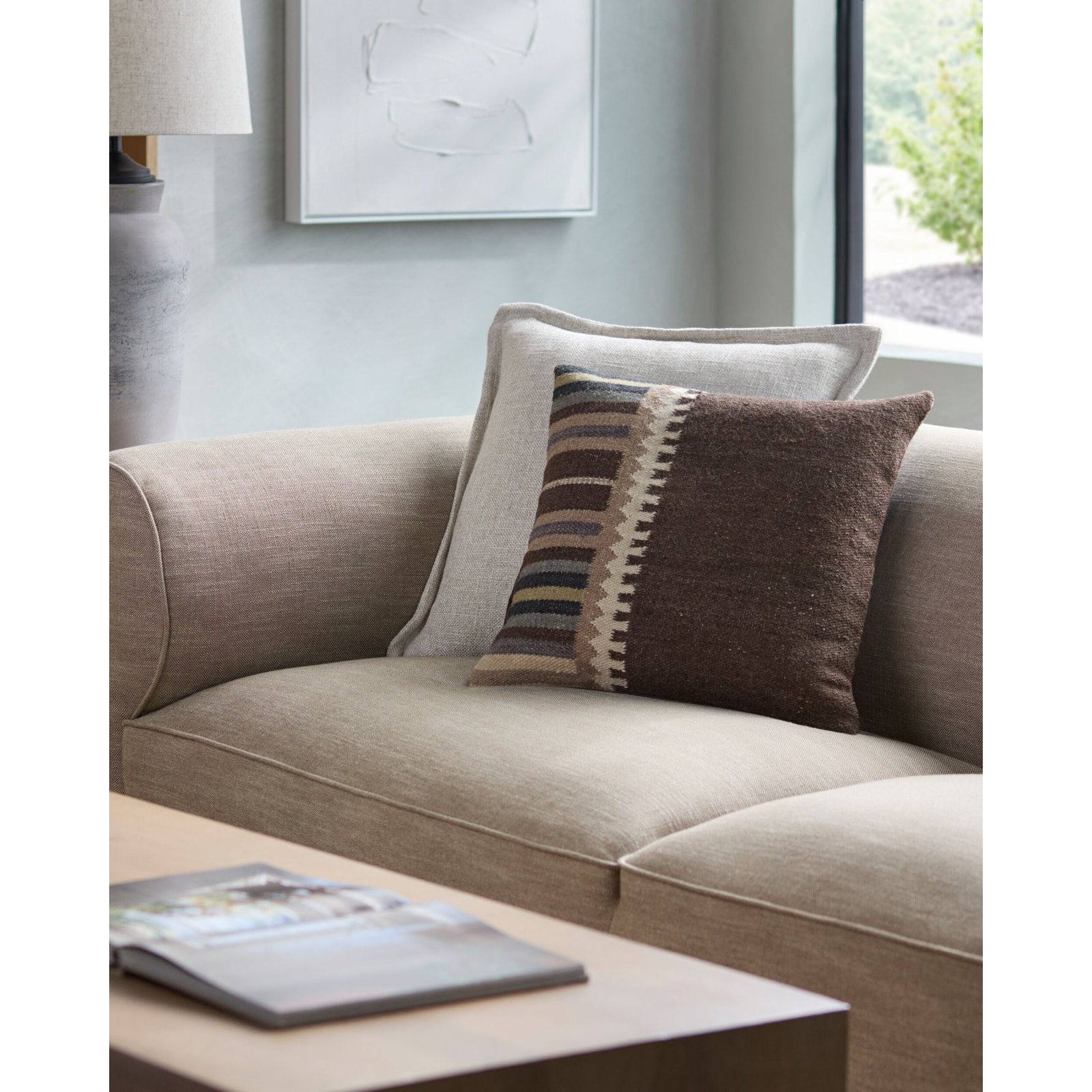 Blanche Accent Pillow, Down, 18"H x 18"W, Brown Striped