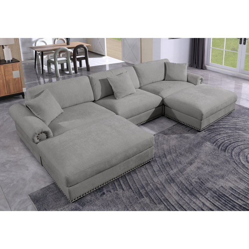 Upholstered 5 Seat U Shaped Sleeper Cloud Couch & Reversible Ottomans, Light Gray Chenille