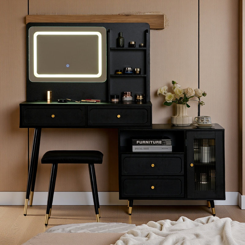 Modern Makeup Vanity Desk With Mirror And Lights, Retractable Dressing Table With Drawers And Cabinet, Compact Makeup Table Set With Power Outlet For Bedroom