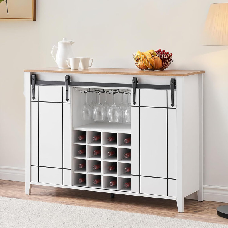 Farmhouse Wine Cabinet with Storage with Sliding Barn Door Buffet Sideboard Cabinet with 16 Bottle Wine Rack for Dining Coffee Bar Cabinet for Dining Room