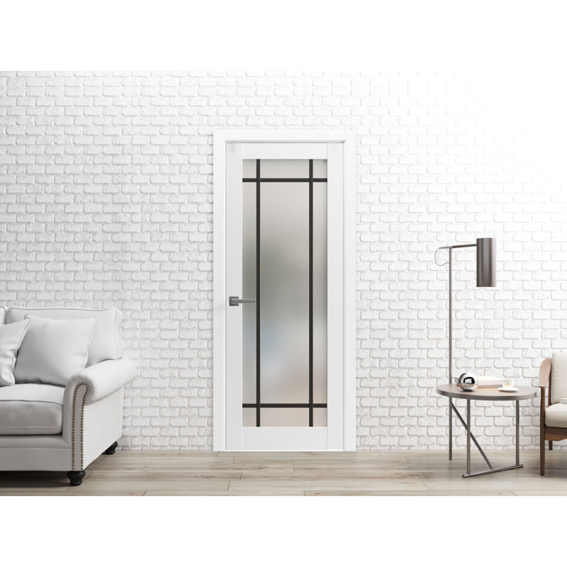 Porte française pleine prémontée 30 x 84 pouces Planum 2112 Verre dépoli blanc soie Panneau simple Cadre Moulures Poignée Portes robustes pour salle de bain et chambre
