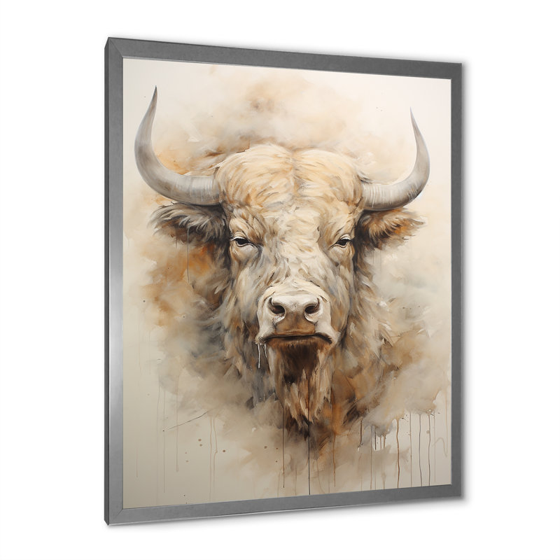 Tête de bison Buffalo sur toile, H 32 po x l 24 po x P 1 po, Cadre simple argenté