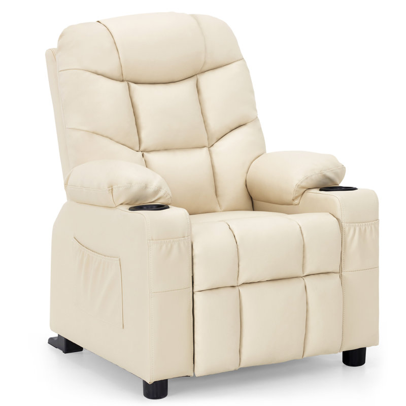 Goggans Kids Recliner with Anti-Tilt, Cup Holder, Cream White