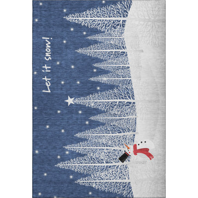 10' X 14' Blue And White Winter Snowman Washable Area Rug With UV Protection
