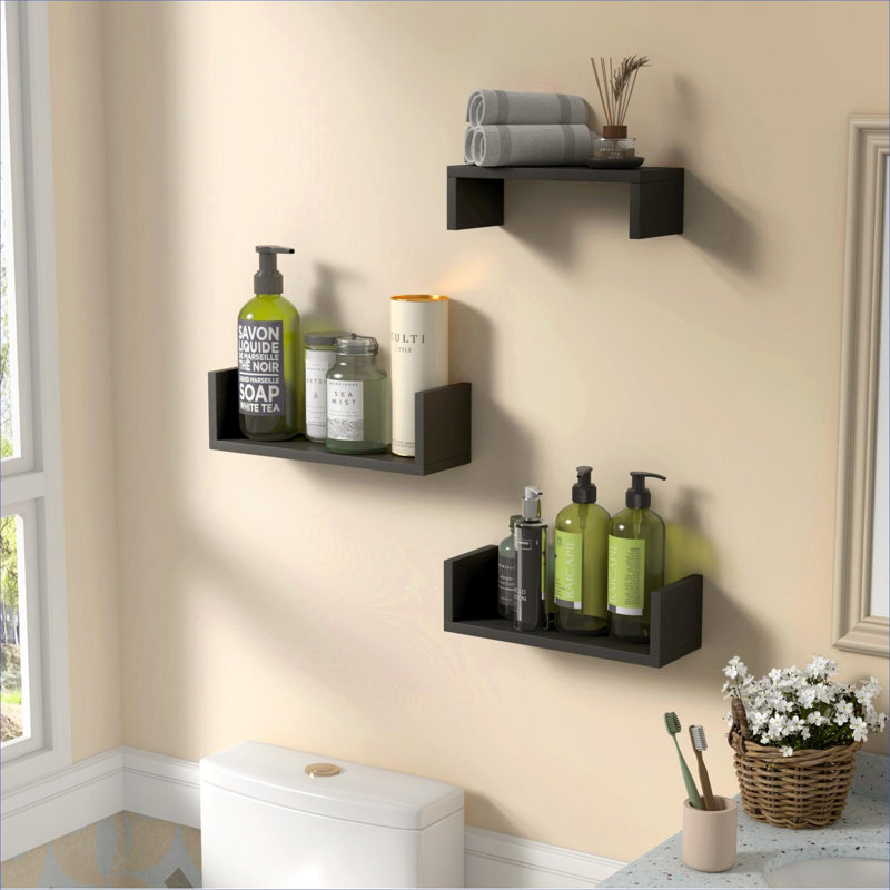 3 Piece Floating Wall Shelves Set, Multi-Room Home Storage and Decor, Jet Black Wood, Assorted Sizes for Custom Wall Organization