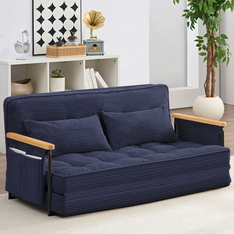 Fauteuil inclinable convertible 2-en-1 avec accoudoirs en bois et poches latérales, Bleu
