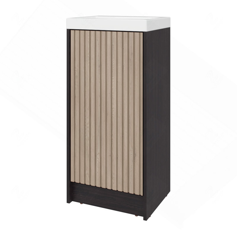 Meuble-lavabo sur pied et armoire avec lavabo en résine, rangement compact pour salle de bain avec une porte et 2 tablettes intérieures