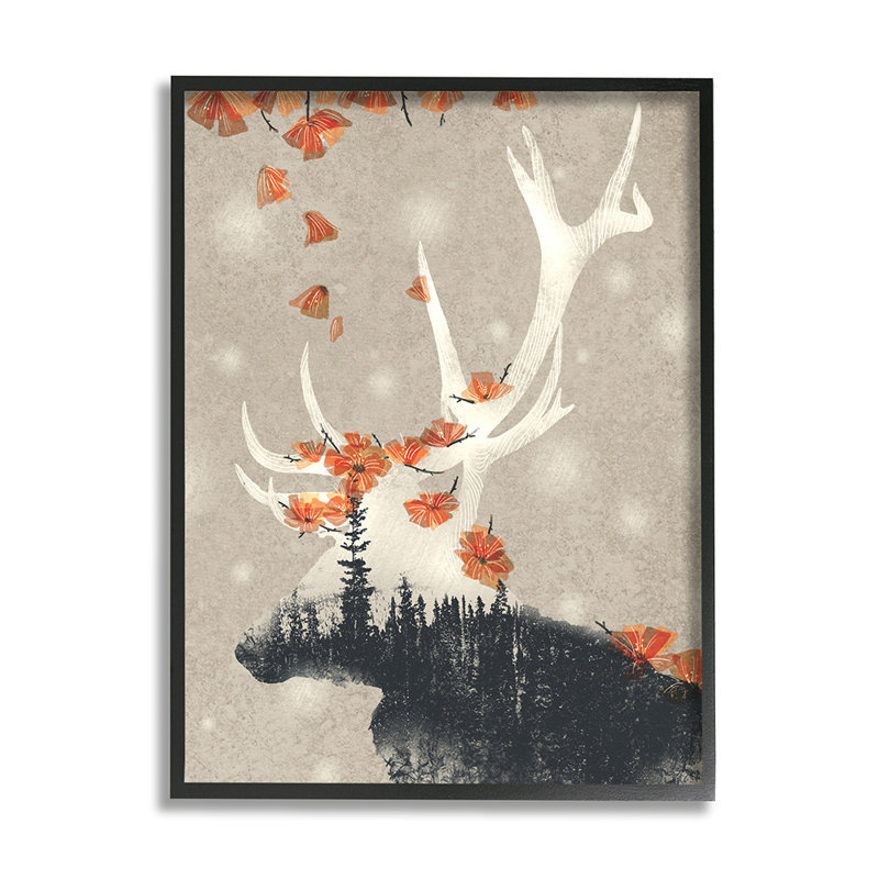 «Tree Forest Elk Silhouette Orange Florals» par Ziwei Li - impression d'art graphique, Giclée encadrée noir minuit