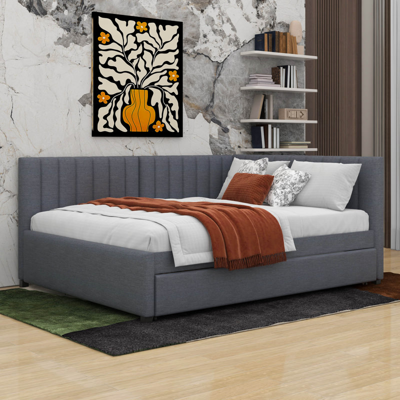 Full Size Upholstered Daybed with Trundle Sofa Bed Frame, Gray