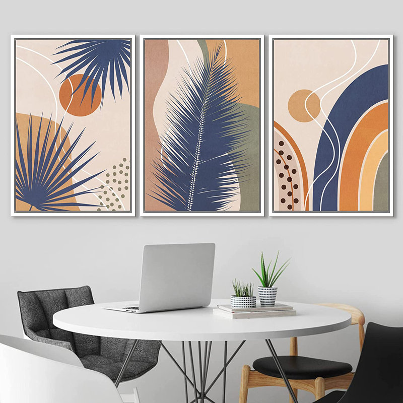«Mid Century Shape Geometric Palm Leaf Polygon», ensemble de 3 impressions sur toile flottante, H 36 po x l 72 po, Blanc